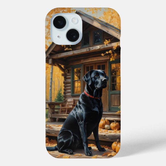 Black Labrador Retriever Log Cabin Autumn Case-Mate iPhone Case (Back)
