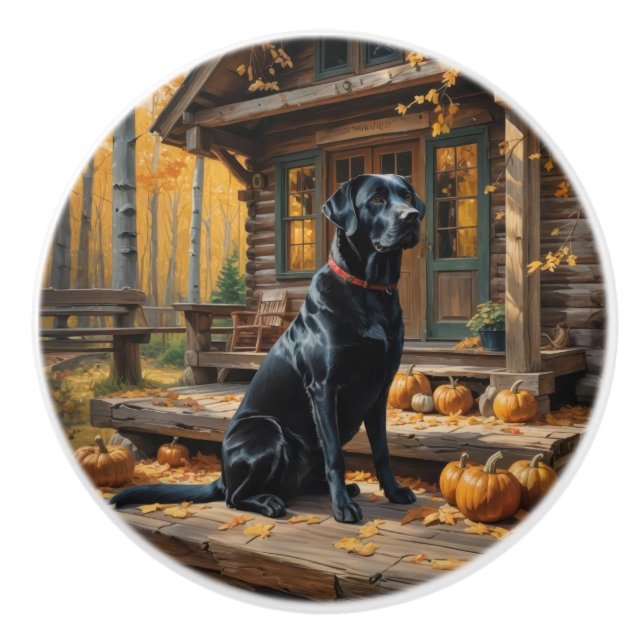 Black Labrador Retriever Log Cabin Autumn Ceramic Knob (Front)
