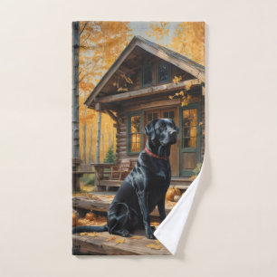 Black Labrador Retriever Log Cabin Autumn Hand Towel