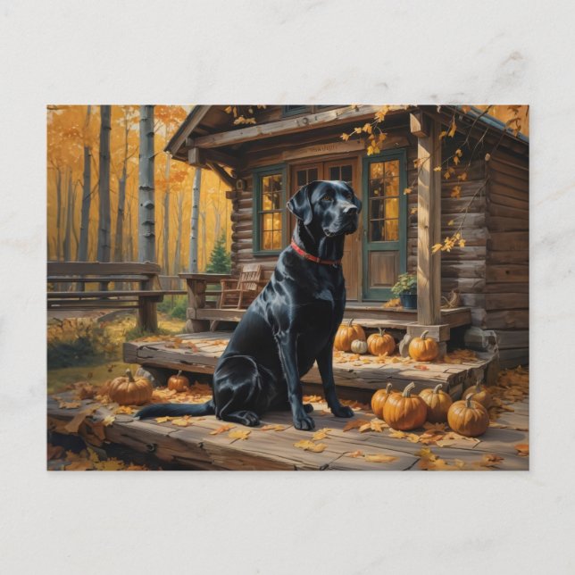 Black Labrador Retriever Log Cabin Autumn Holiday Postcard (Front)