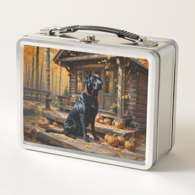 Black Labrador Retriever Log Cabin Autumn Metal Lunch Box (Front)