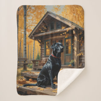 Black Labrador Retriever Log Cabin Autumn Sherpa Blanket