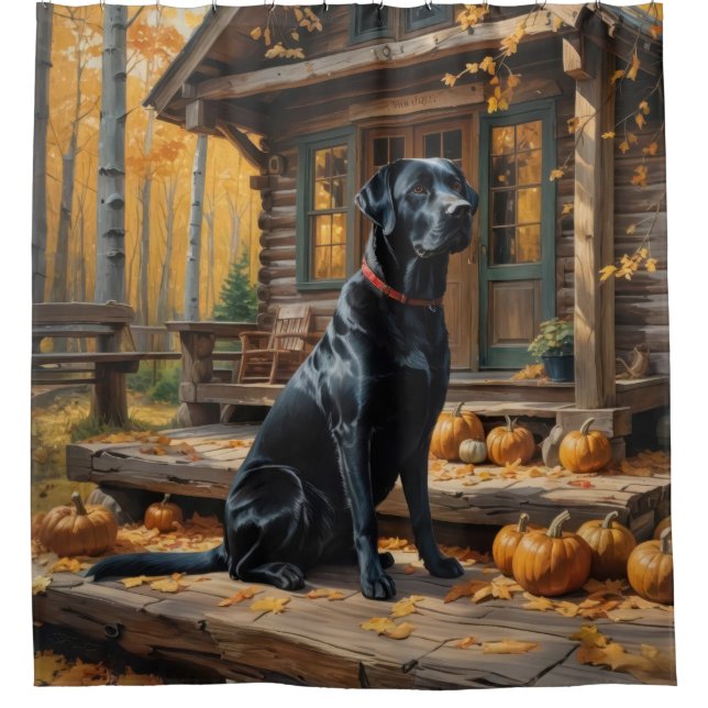 Black Labrador Retriever Log Cabin Autumn Shower Curtain (Front)
