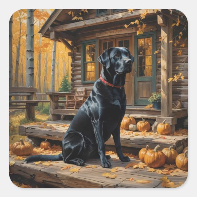 Black Labrador Retriever Log Cabin Autumn Square Sticker (Front)