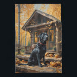 Black Labrador Retriever Log Cabin Autumn Tea Towel<br><div class="desc">A beautiful black Labrador Retriever sits in front of a cosy log cabin in the woods in autumn</div>