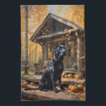 Black Labrador Retriever Log Cabin Autumn Tea Towel<br><div class="desc">A beautiful black Labrador Retriever sits in front of a cosy log cabin in the woods in autumn</div>