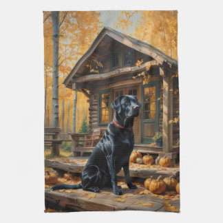 Black Labrador Retriever Log Cabin Autumn Tea Towel