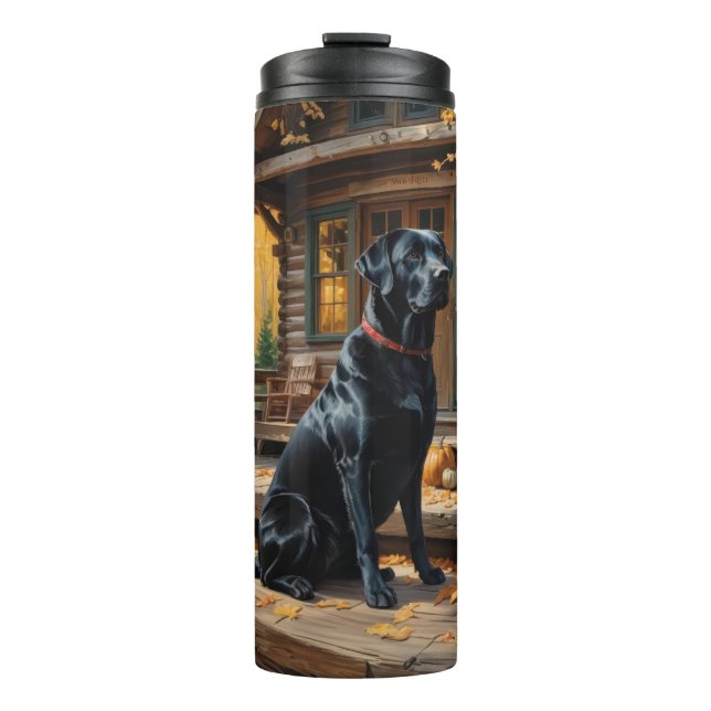 Black Labrador Retriever Log Cabin Autumn Thermal Tumbler (Front)
