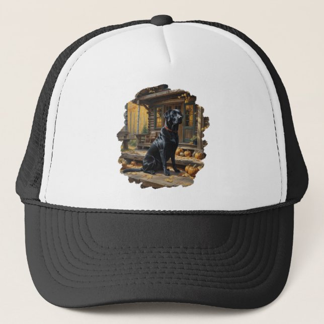 Black Labrador Retriever Log Cabin Autumn Trucker Hat (Front)