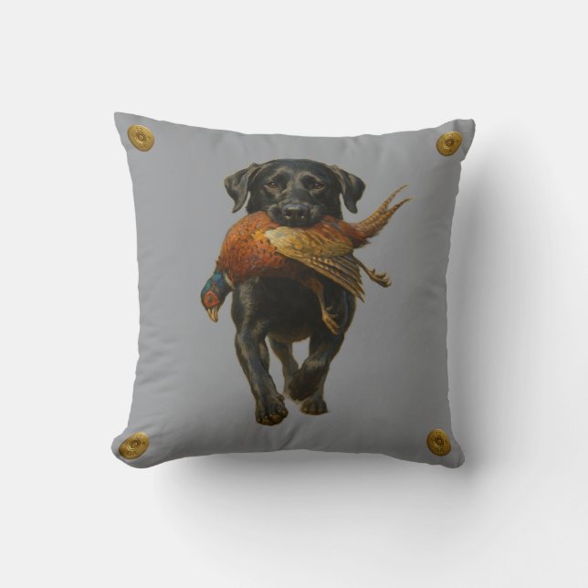 Black Labrador Retriever & Pheasant throw cushion (Front)