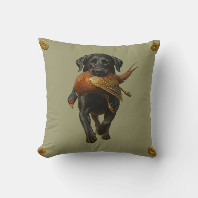 Black Labrador Retriever & Pheasant throw cushion (Front)