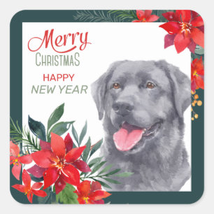Black Labrador Retriever Poinsettia Bouquet Square Sticker