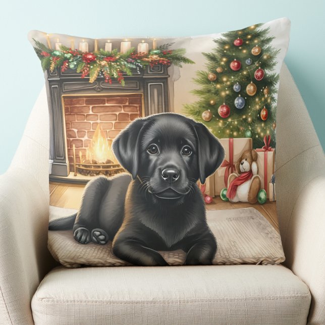 Black Labrador Retriever Puppy Dog Christmas Cushion (Creator Uploaded)