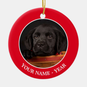 Black labrador retriever puppy in a basket ceramic tree decoration