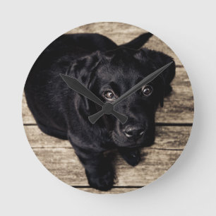 Black Labrador Retriever Puppy on Wood Round Clock