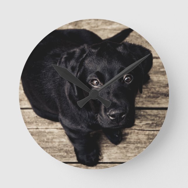 Black Labrador Retriever Puppy on Wood Round Clock (Front)