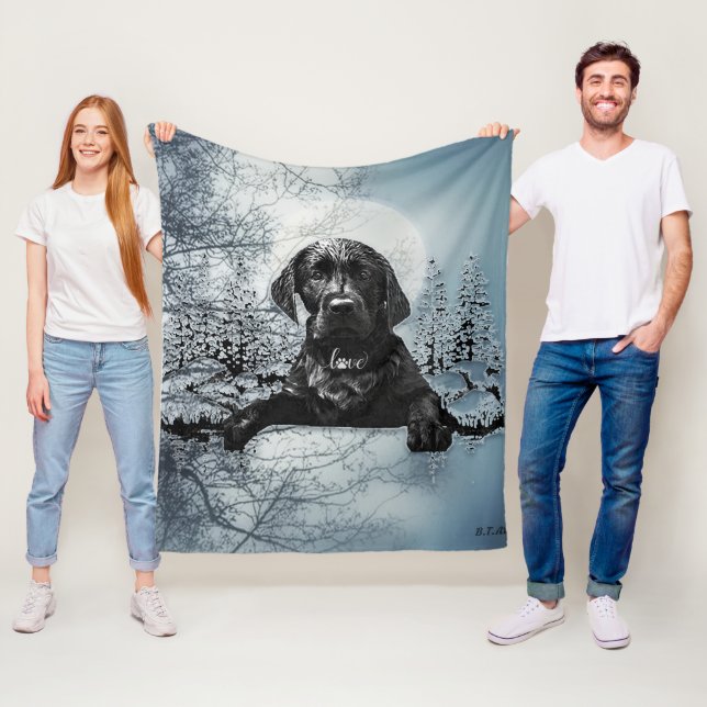 Black Labrador Retriever  puppy  T-Shirt Throw Pil Fleece Blanket (In Situ)