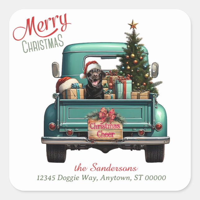 Black Labrador Retriever Retro Truck Christmas Square Sticker (Front)