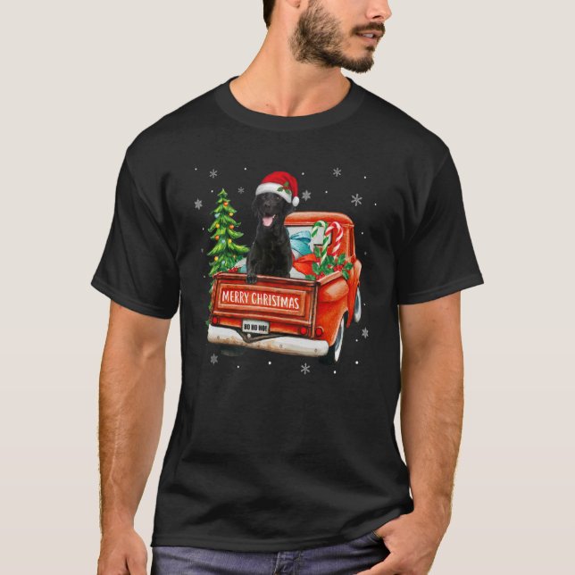 Black Labrador Retriever Ride Red Truck Christmas  T-Shirt (Front)