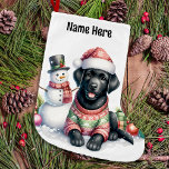 Black Labrador Retriever & Snowman Puppy Dog Large Christmas Stocking<br><div class="desc">Looking for the best gift for your best Labrador check out our Labrador Retriever Christmas stockings, the perfect holiday accessory for any dog lover! Choose from designs featuring black, yellow or chocolate labs. Festive designs of santa dogs adorable labs dressed in their own Santa hats, elegant fireplace scene design is...</div>