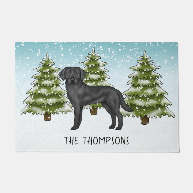 Black Labrador Retriever Winter Forest Custom Name Doormat (Front)