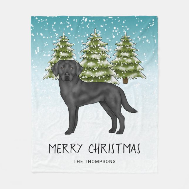 Black Labrador Retriever Winter Forest Custom Text Fleece Blanket (Front)