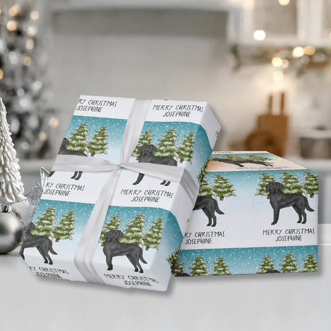 Black Labrador Retriever Winter Forest Custom Text Wrapping Paper (Creator Uploaded)
