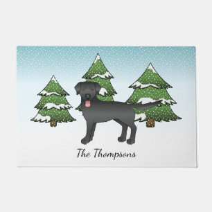 Black Labrador Retriever - Winter Forest & Name Doormat