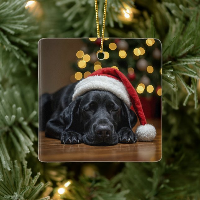 Black Labrador Retriever With Santa Claus Hat Ceramic Ornament (Tree)