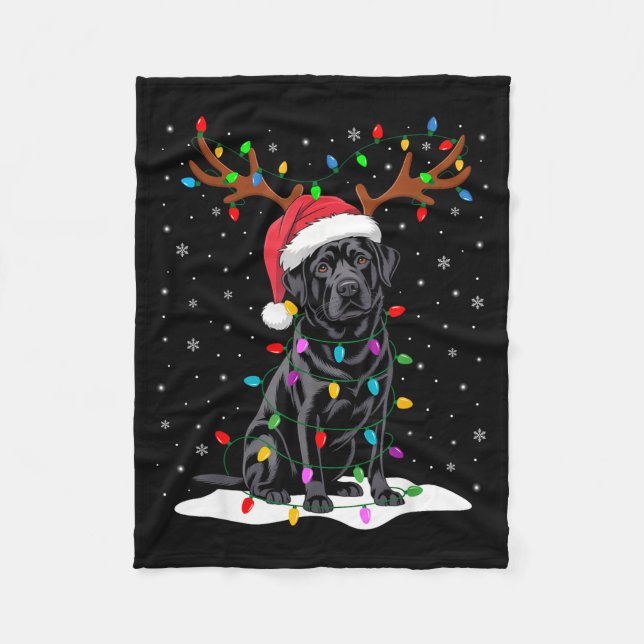 Black Labrador Santa Hat Reindeer Tree Lights Chri Fleece Blanket (Front)
