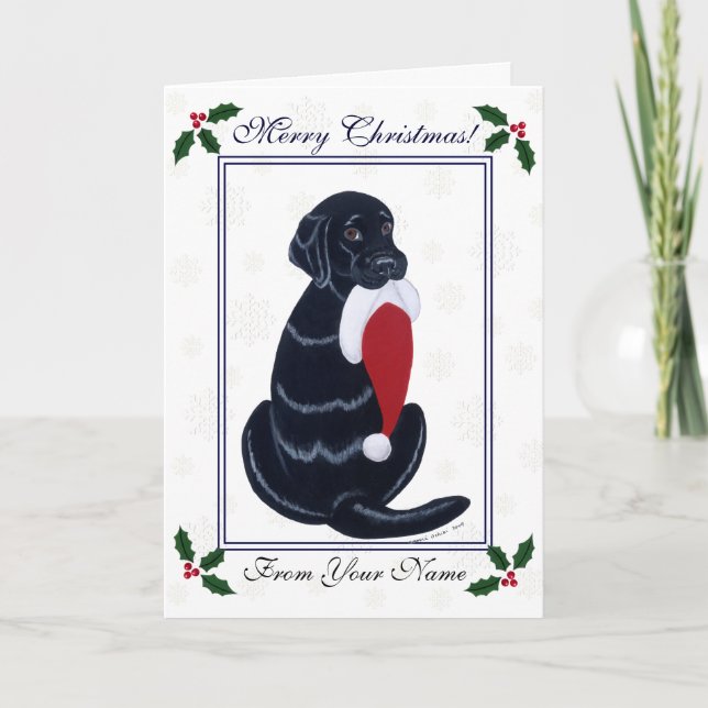 Black Labrador & Santa Hat Snowflake Christmas Holiday Card (Front)