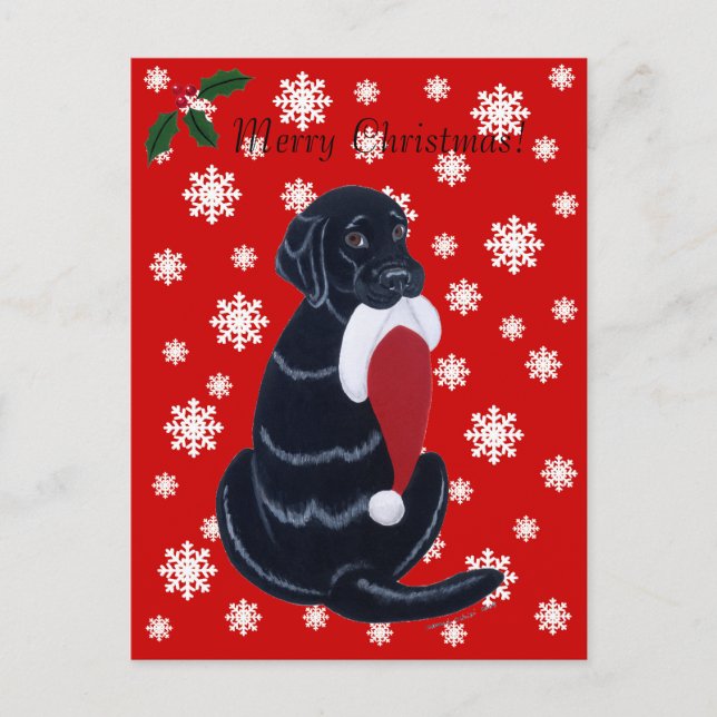 Black Labrador & Santa Hat Snowflake Christmas Holiday Postcard (Front)