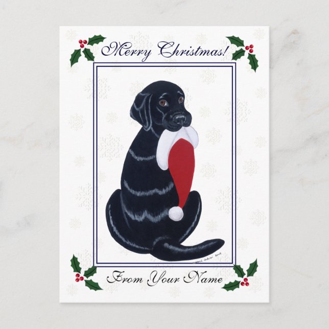 Black Labrador & Santa Hat Snowflake Christmas Holiday Postcard (Front)