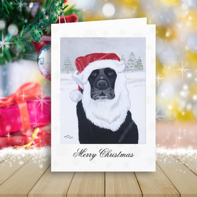 Black Labrador Santa Snow Christmas Holiday Card (Black Labrador Santa and Snow View Design Christmas Cards for Black Labrador Owners.  Snowflakes.)