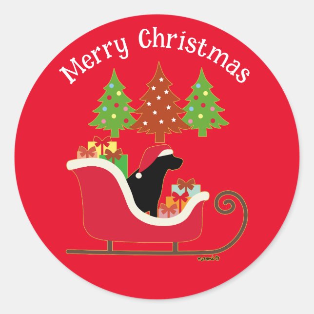 Black Labrador Silhouette Christmas Sleigh Red Classic Round Sticker (Front)