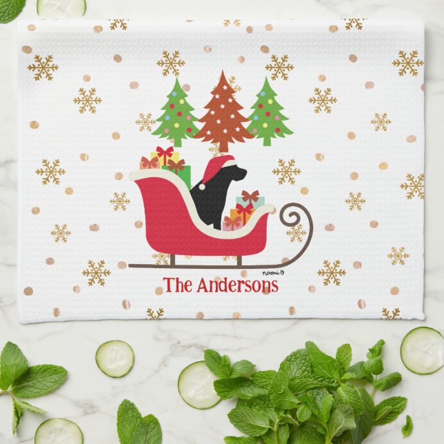 Black Labrador Silhouette Christmas Sleigh Tea Towel (Folded)