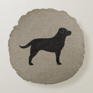Black Labrador Silhouette   Faux Linen Style Round Cushion