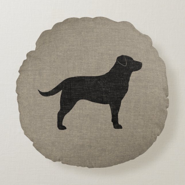 Black Labrador Silhouette | Faux Linen Style Round Cushion (Front)