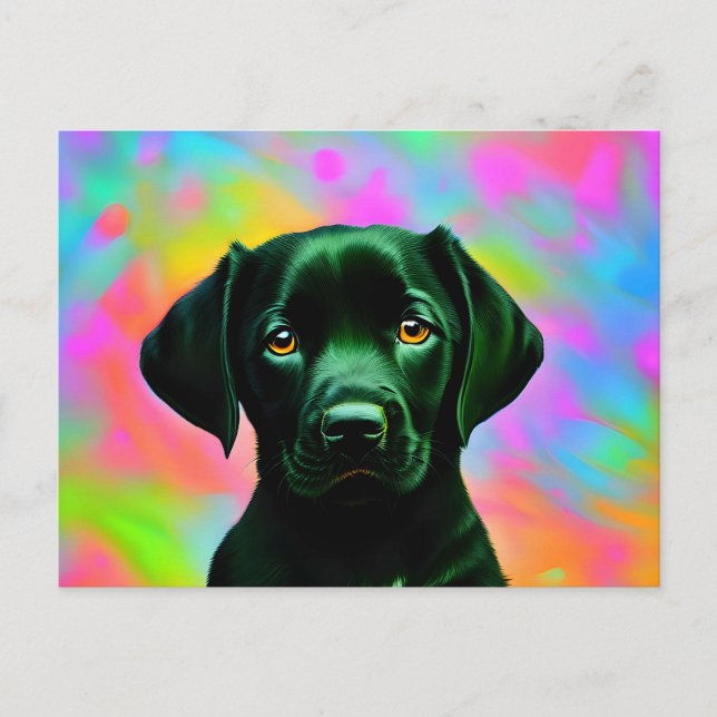 Black labrador sitting in front of a colourful  postcard (Front)