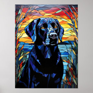 Black Labrador Stained Glass Sunset Lake Portrait Poster