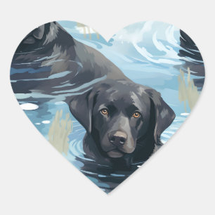 Black Labrador Swimming Pattern Heart Sticker