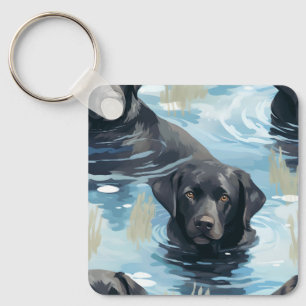 Black Labrador Swimming Pattern Key Ring
