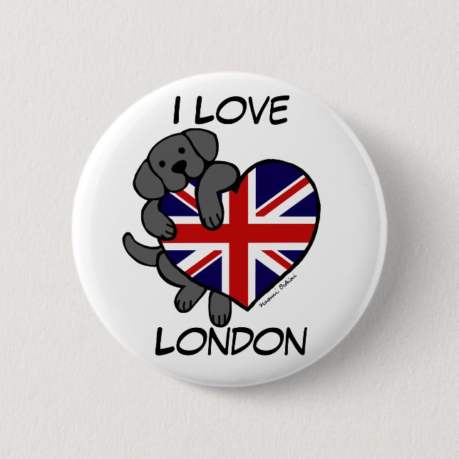 Black Labrador & UK Flag Heart 2 Cartoon 6 Cm Round Badge (Front)