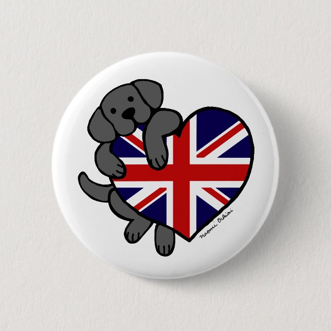 Black Labrador & UK Flag Heart 2 Cartoon 6 Cm Round Badge (Front)