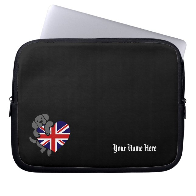 Black Labrador & UK Flag Heart 2 Cartoon Laptop Sleeve (Front)