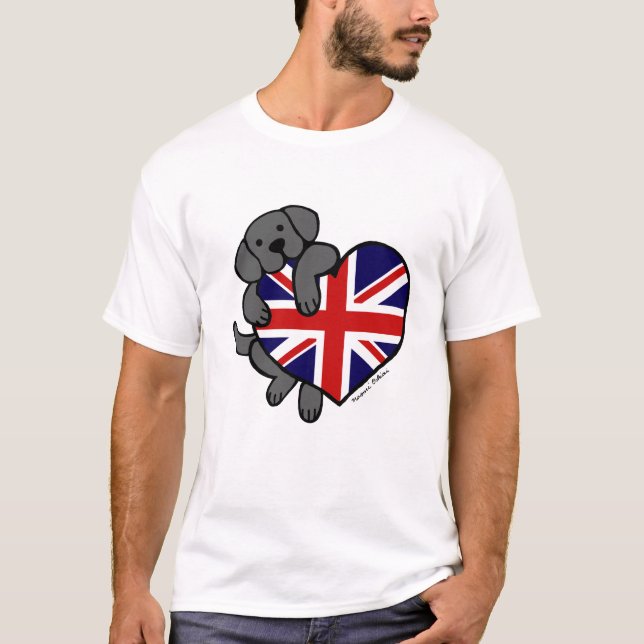 Black Labrador & UK Flag Heart 2 Cartoon T-Shirt (Front)