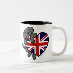 Black Labrador & UK Flag Heart 2 Cartoon Two-Tone Coffee Mug
