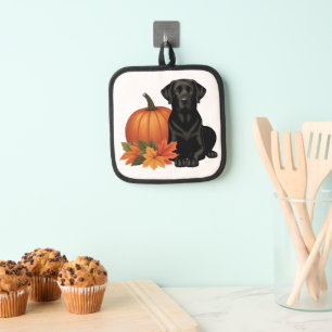 Black Labrador With Autumn Leaves and Pumpkin  Pot Holder