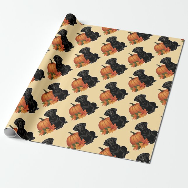 Black Labrador With Autumn Leaves and Pumpkin  Wrapping Paper (Unrolled)