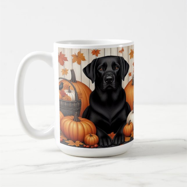 Black Labrador With Pumpkins And Autumn Leaves Coffee Mug (Left)